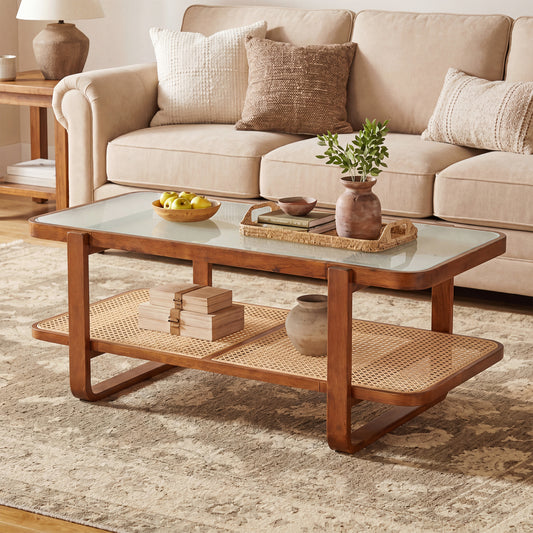 Rattan Coffee Table With Tempered Glass Top, Walnut Coffee Tables Walnut at Gallery Canada