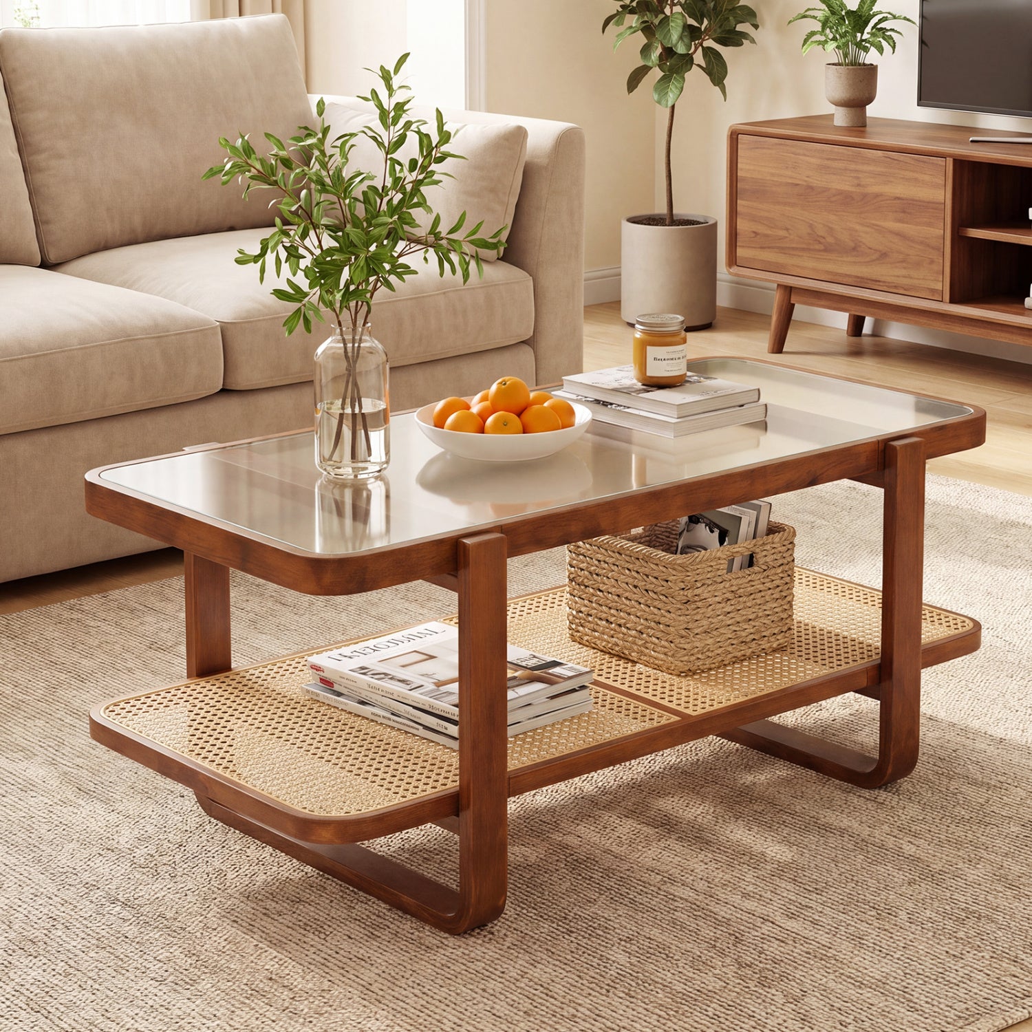 Rattan Coffee Table With Tempered Glass Top, Walnut Coffee Tables at Gallery Canada