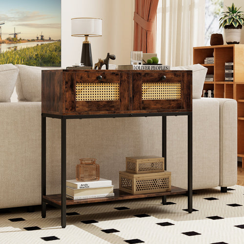 Rattan Console Table Boho Entryway Table with 2 Rattan Drawers and Open Storage Shelf, Rustic Brown
