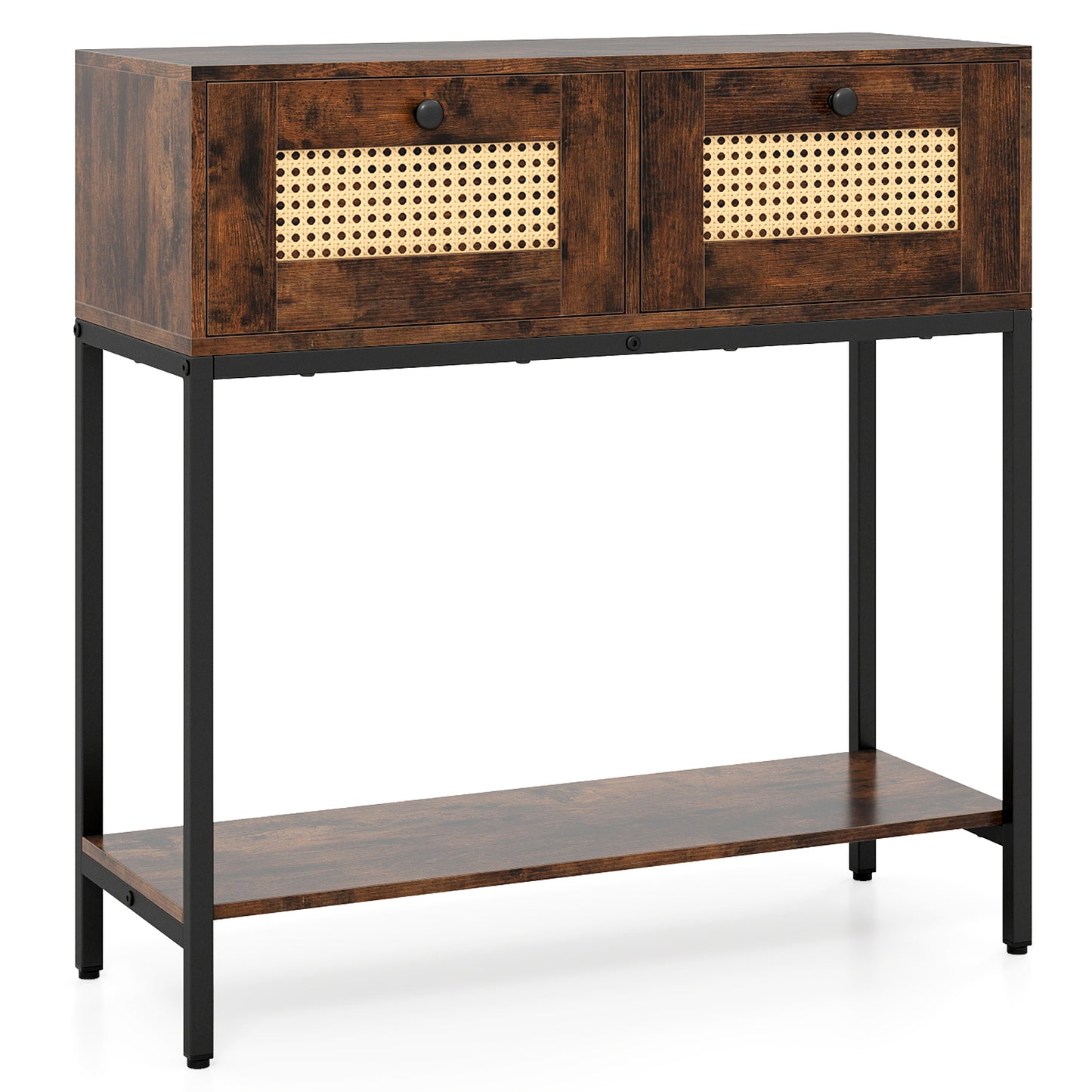 Rattan Console Table Boho Entryway Table with 2 Rattan Drawers and Open Storage Shelf, Rustic Brown Console Tables at Gallery Canada