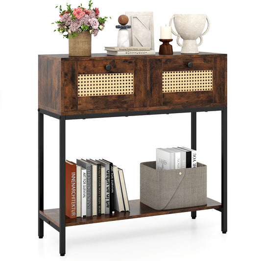 Rattan Console Table Boho Entryway Table with 2 Rattan Drawers and Open Storage Shelf, Rustic Brown Console Tables Rustic Brown at Gallery Canada