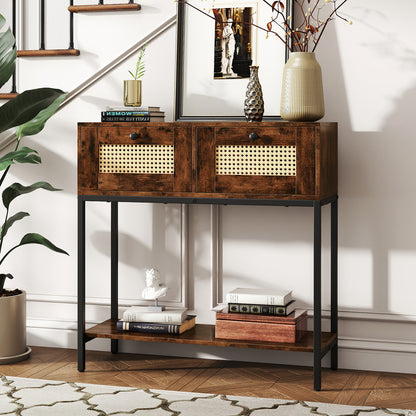 Rattan Console Table Boho Entryway Table with 2 Rattan Drawers and Open Storage Shelf, Rustic Brown Console Tables at Gallery Canada