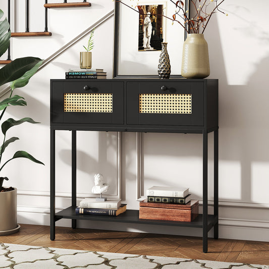 Rattan Console Table Boho Entryway Table with 2 Rattan Drawers and Open Storage Shelf, Black Console Tables Black at Gallery Canada