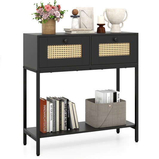Rattan Console Table Boho Entryway Table with 2 Rattan Drawers and Open Storage Shelf, Black Console Tables Black at Gallery Canada