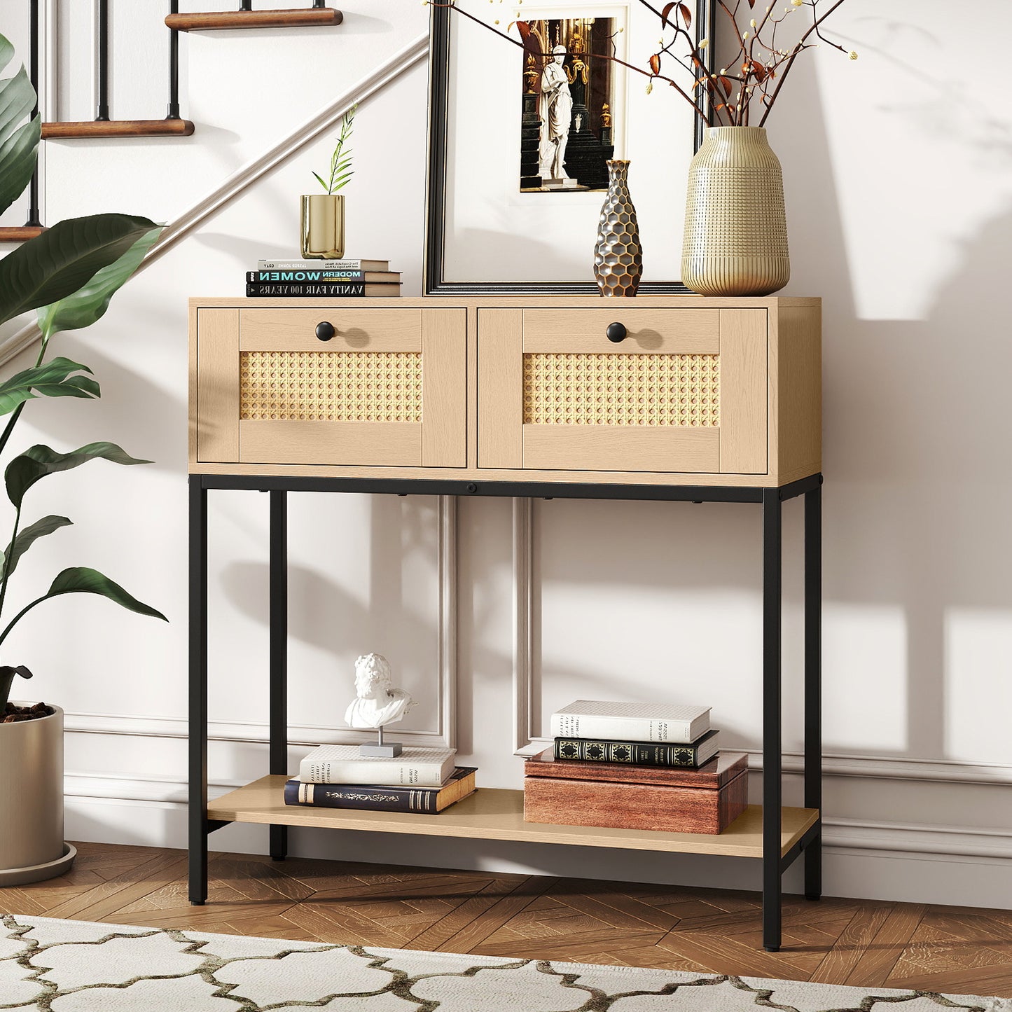 Rattan Console Table, Oak, 2 Drawers, Open Shelf Console Tables at Gallery Canada