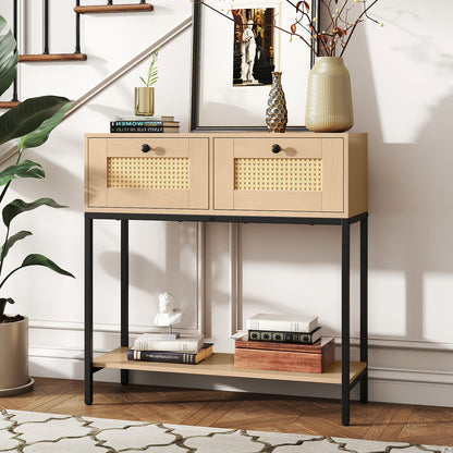 Rattan Console Table, Oak, 2 Drawers, Open Shelf Console Tables at Gallery Canada