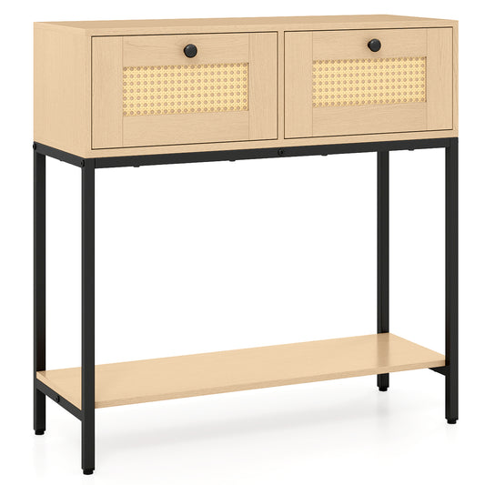 Rattan Console Table, Oak, 2 Drawers, Open Shelf Console Tables Oak at Gallery Canada