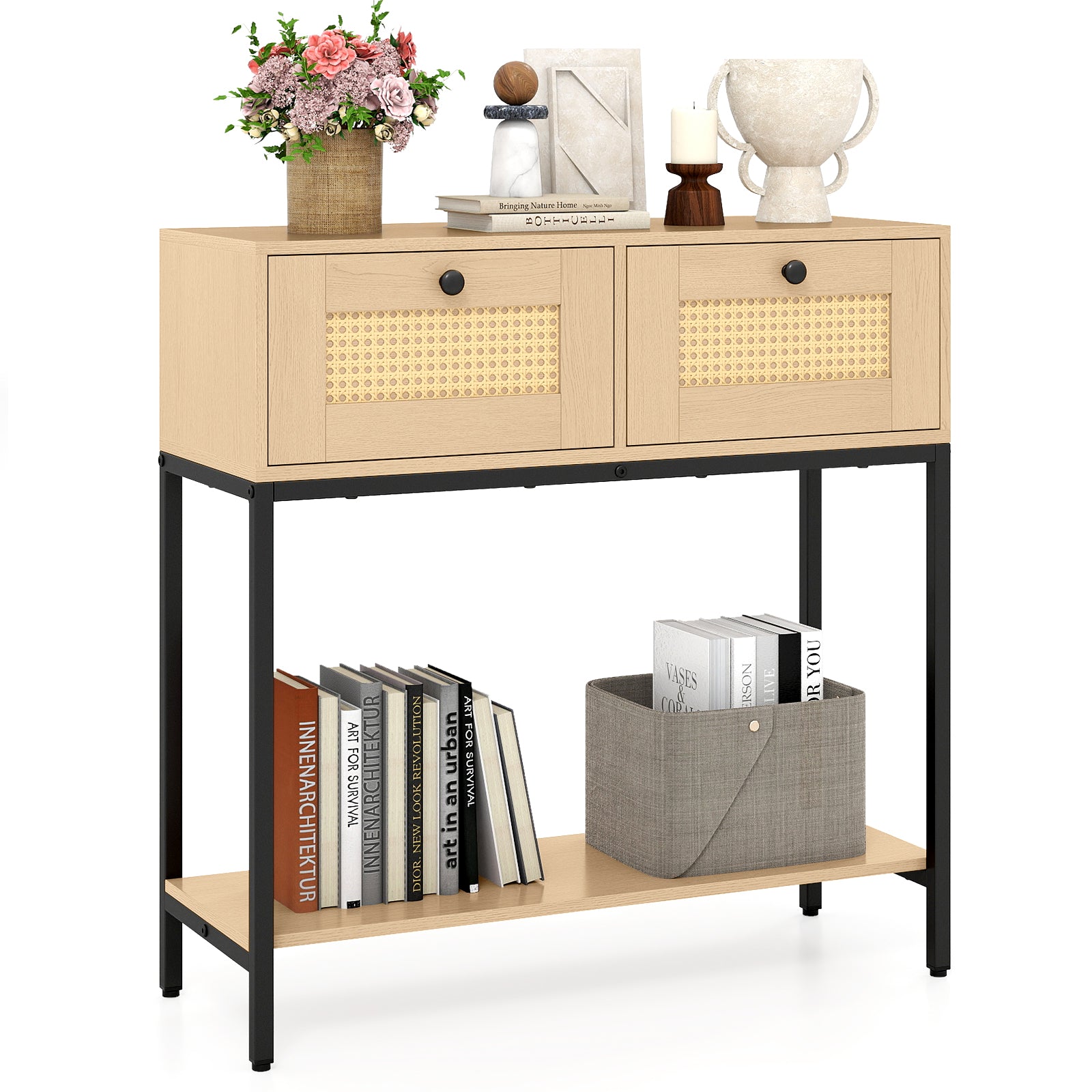 Rattan Console Table, Oak, 2 Drawers, Open Shelf Console Tables Oak at Gallery Canada