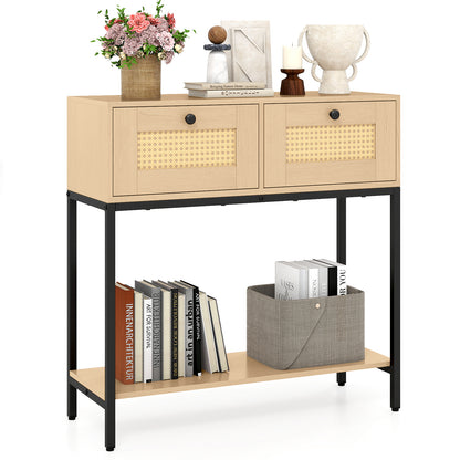 Rattan Console Table, Oak, 2 Drawers, Open Shelf Console Tables Oak at Gallery Canada