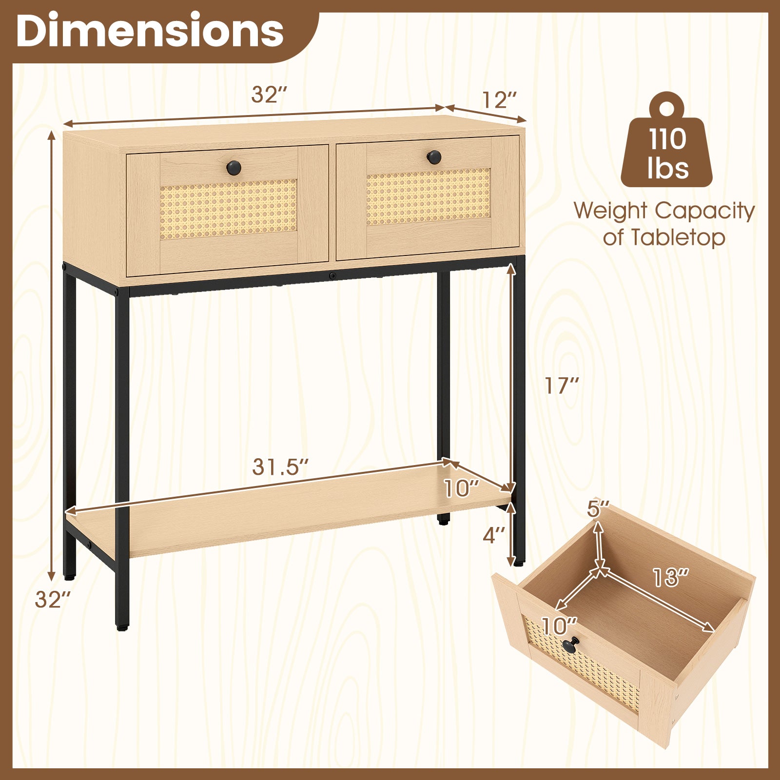 Rattan Console Table, Oak, 2 Drawers, Open Shelf Console Tables at Gallery Canada