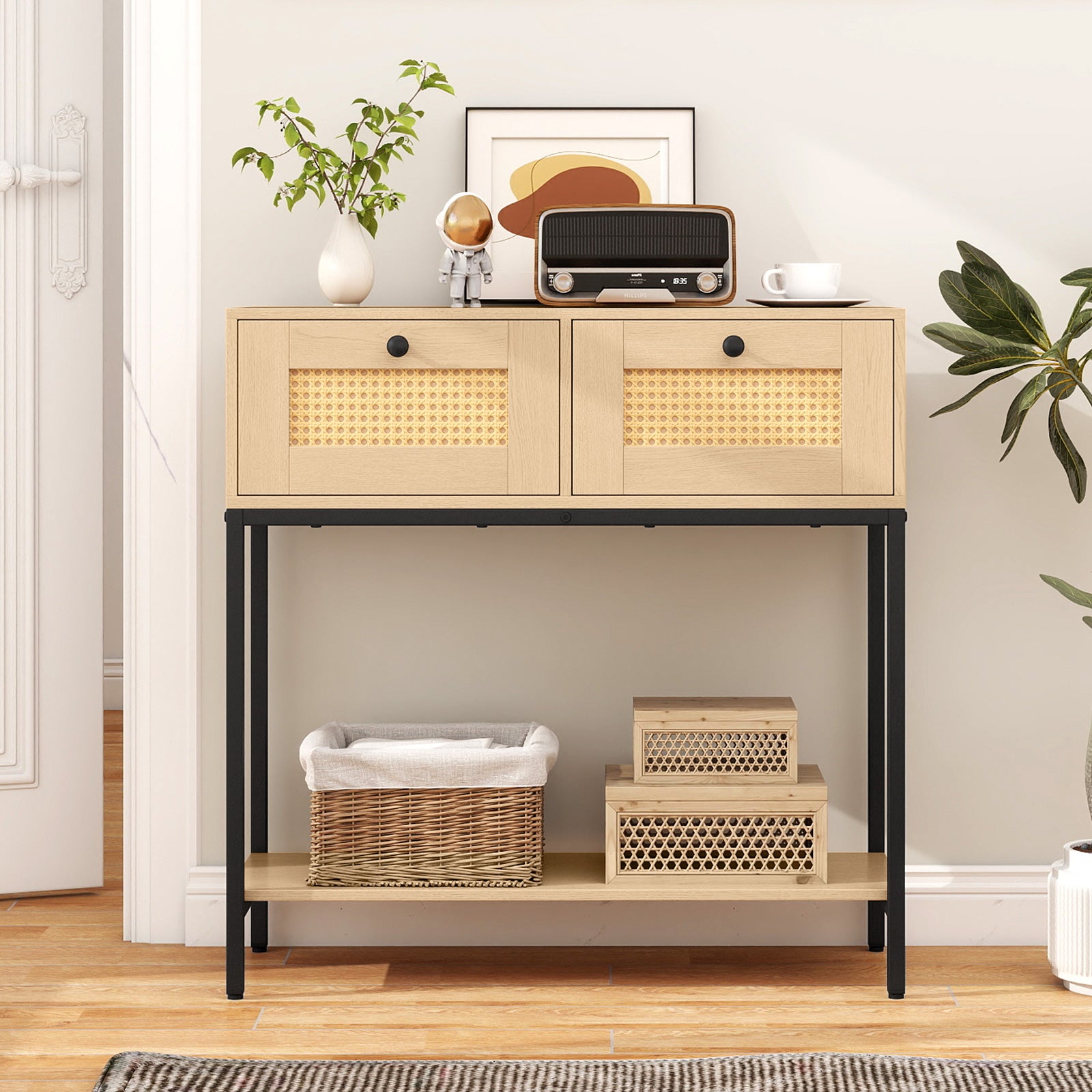 Rattan Console Table, Oak, 2 Drawers, Open Shelf Console Tables at Gallery Canada