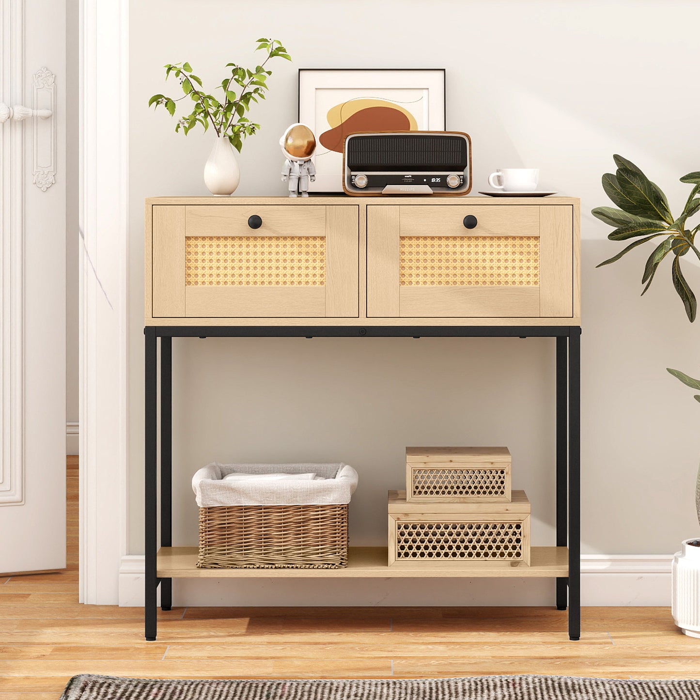 Rattan Console Table, Oak, 2 Drawers, Open Shelf Console Tables at Gallery Canada