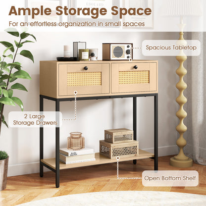 Rattan Console Table, Oak, 2 Drawers, Open Shelf Console Tables at Gallery Canada