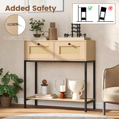 Rattan Console Table, Oak, 2 Drawers, Open Shelf Console Tables at Gallery Canada