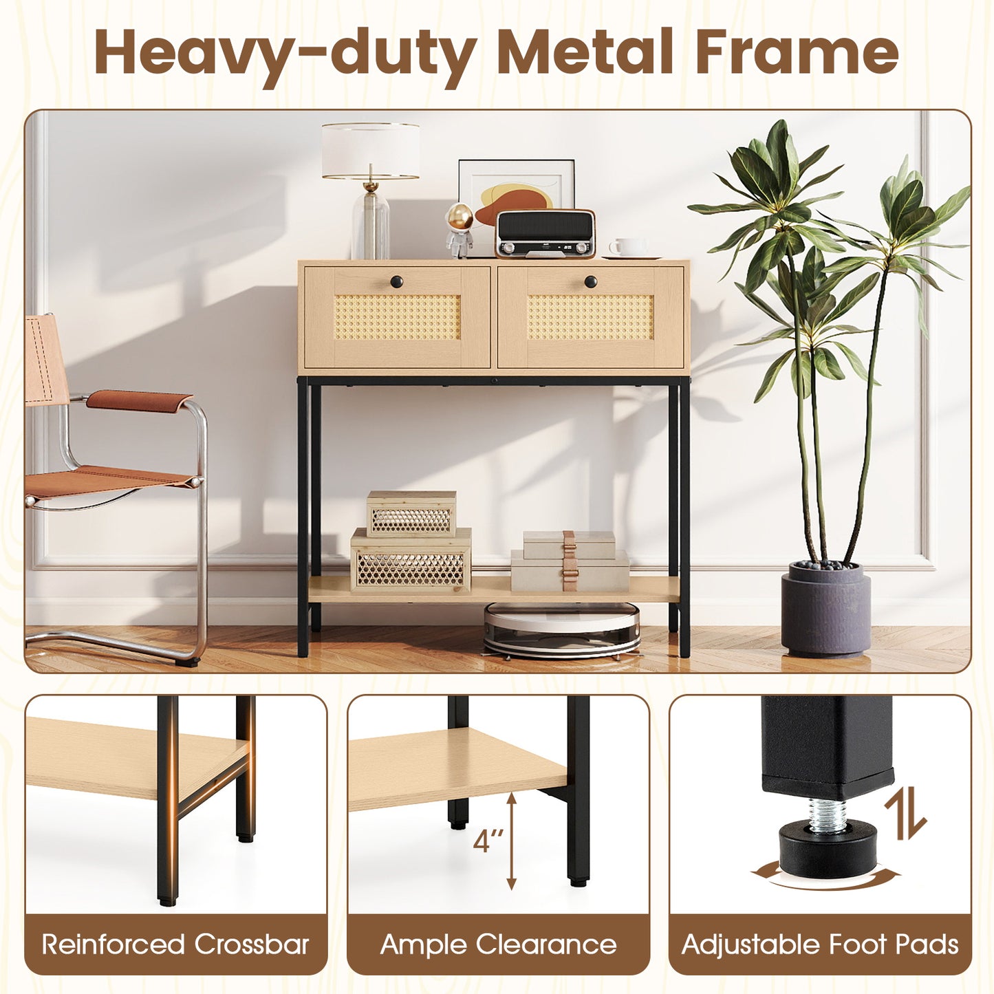 Rattan Console Table, Oak, 2 Drawers, Open Shelf Console Tables at Gallery Canada