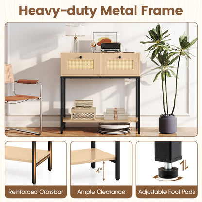 Rattan Console Table, Oak, 2 Drawers, Open Shelf Console Tables at Gallery Canada