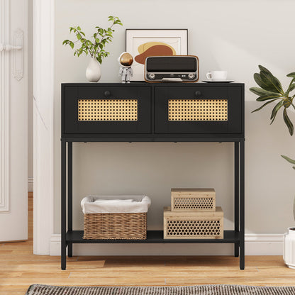Rattan Console Table Boho Entryway Table with 2 Rattan Drawers and Open Storage Shelf, Black Console Tables at Gallery Canada