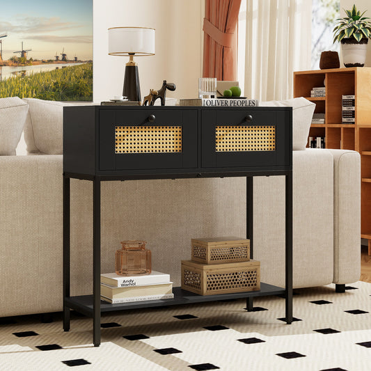 Rattan Console Table Boho Entryway Table with 2 Rattan Drawers and Open Storage Shelf, Black Console Tables Black at Gallery Canada