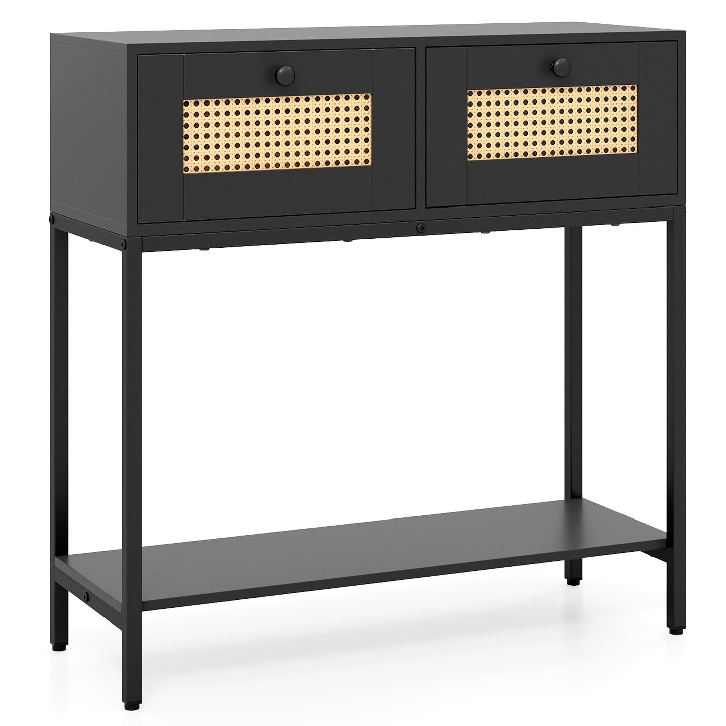 Rattan Console Table Boho Entryway Table with 2 Rattan Drawers and Open Storage Shelf, Black Console Tables Black at Gallery Canada
