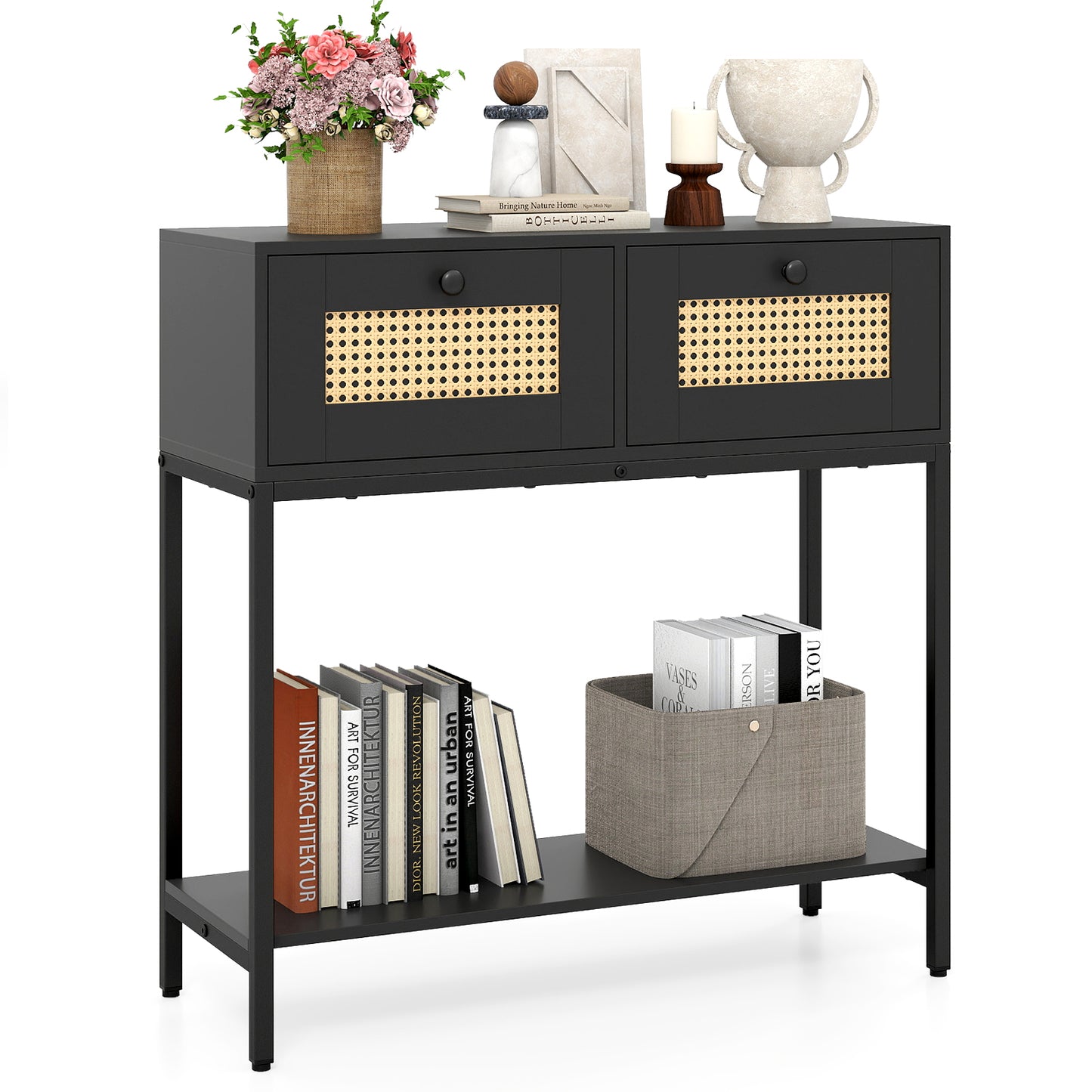 Rattan Console Table Boho Entryway Table with 2 Rattan Drawers and Open Storage Shelf, Black Console Tables at Gallery Canada
