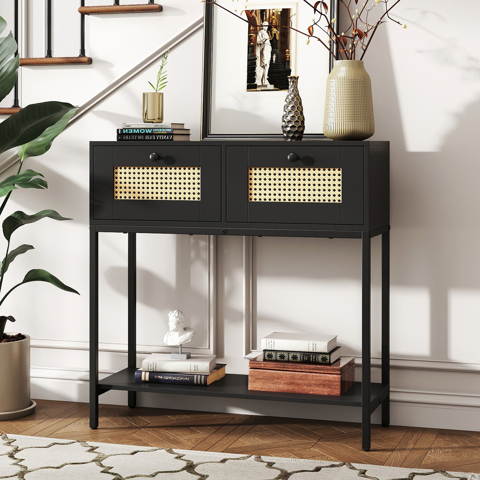 Rattan Console Table Boho Entryway Table with 2 Rattan Drawers and Open Storage Shelf, Black Console Tables at Gallery Canada