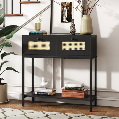 Rattan Console Table Boho Entryway Table with 2 Rattan Drawers and Open Storage Shelf, Black Console Tables at Gallery Canada