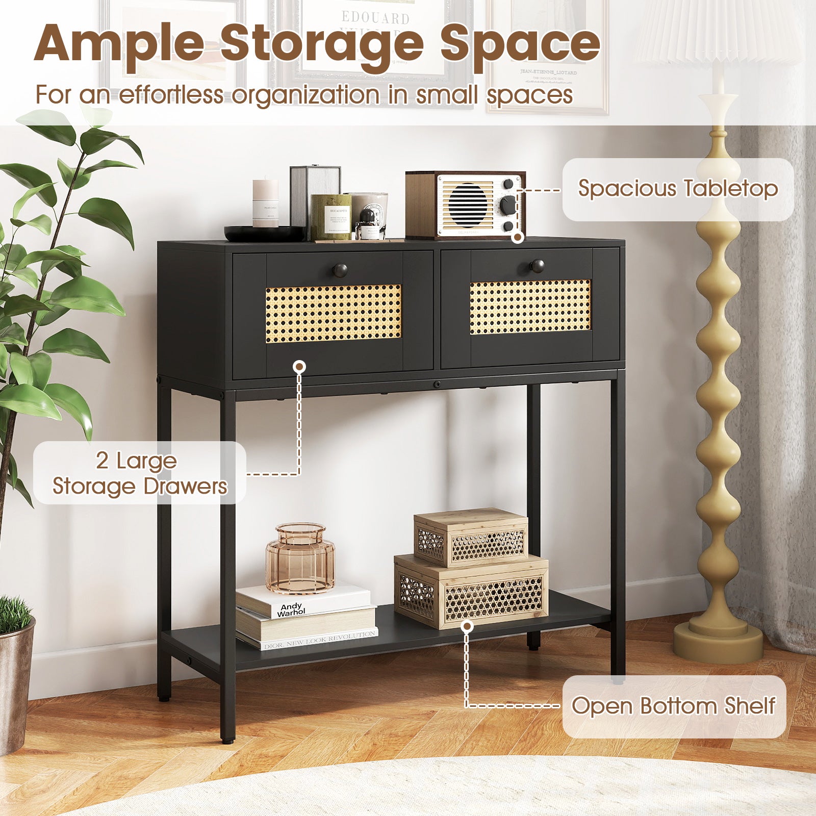 Rattan Console Table Boho Entryway Table with 2 Rattan Drawers and Open Storage Shelf, Black Console Tables at Gallery Canada