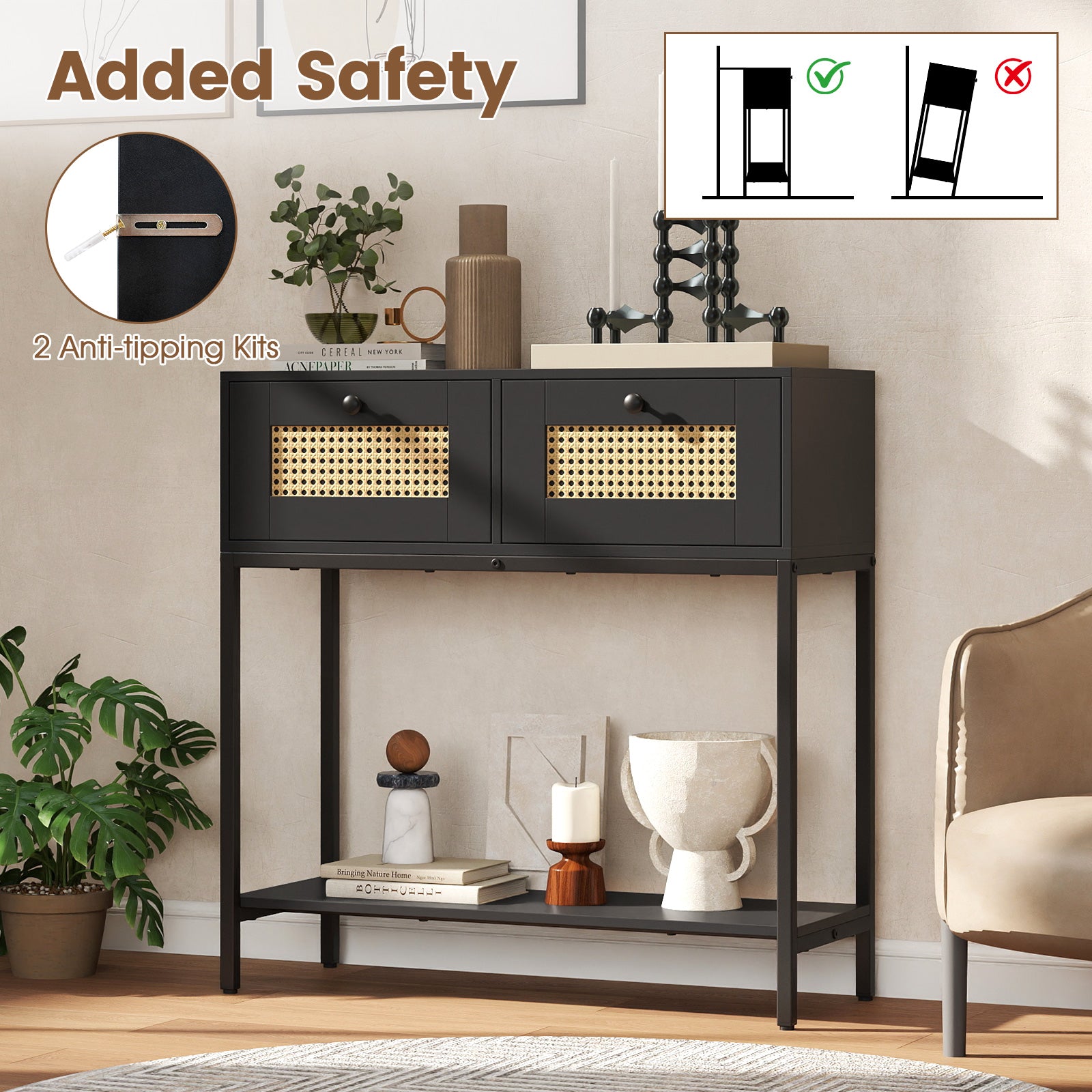 Rattan Console Table Boho Entryway Table with 2 Rattan Drawers and Open Storage Shelf, Black Console Tables at Gallery Canada