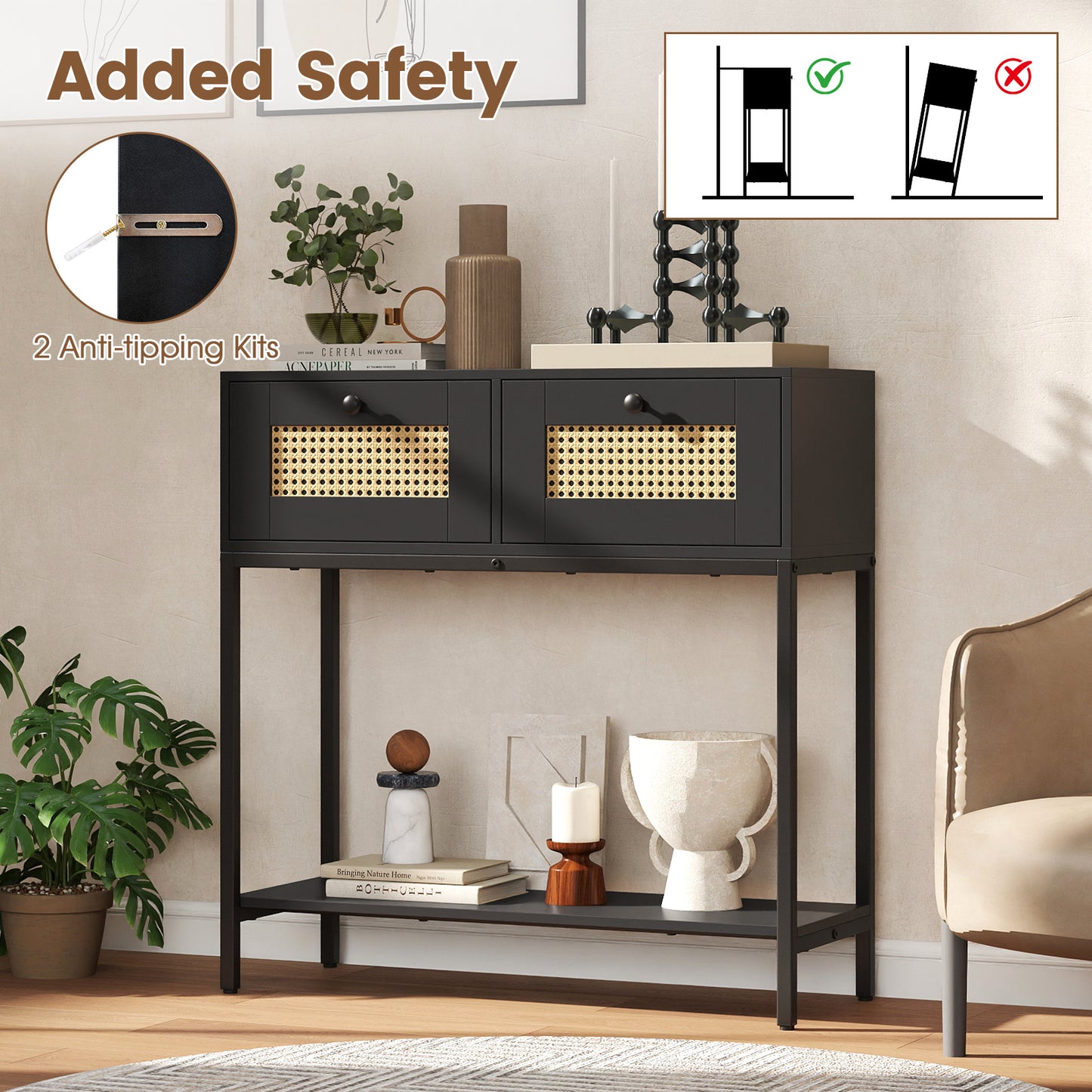 Rattan Console Table Boho Entryway Table with 2 Rattan Drawers and Open Storage Shelf, Black Console Tables at Gallery Canada
