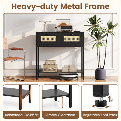 Rattan Console Table Boho Entryway Table with 2 Rattan Drawers and Open Storage Shelf, Black Console Tables at Gallery Canada