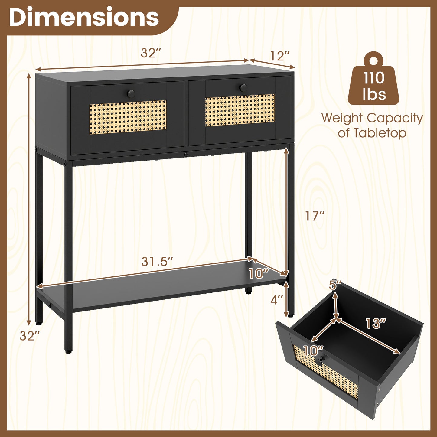 Rattan Console Table Boho Entryway Table with 2 Rattan Drawers and Open Storage Shelf, Black Console Tables at Gallery Canada