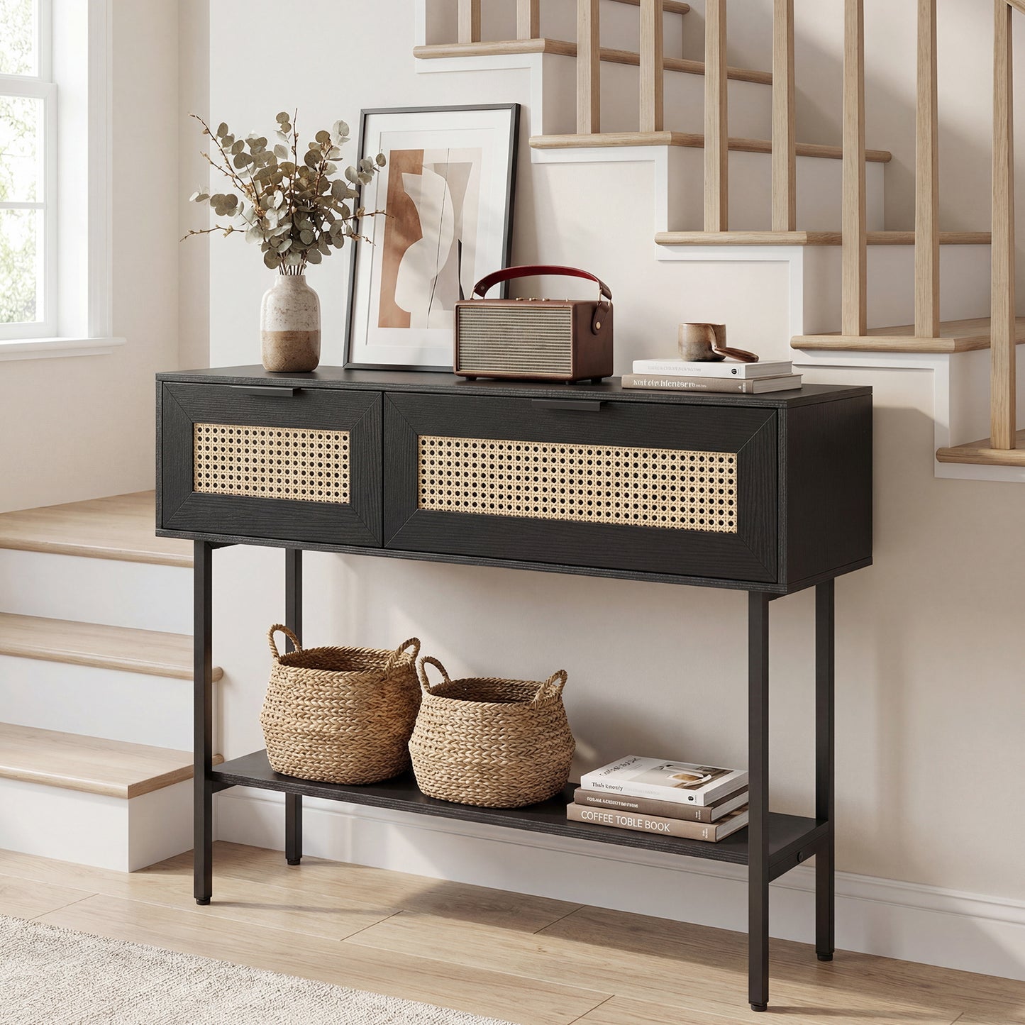 Rattan Console Table, 2 Storage Cabinets, Carbon Steel Frame, Black Console Tables at Gallery Canada
