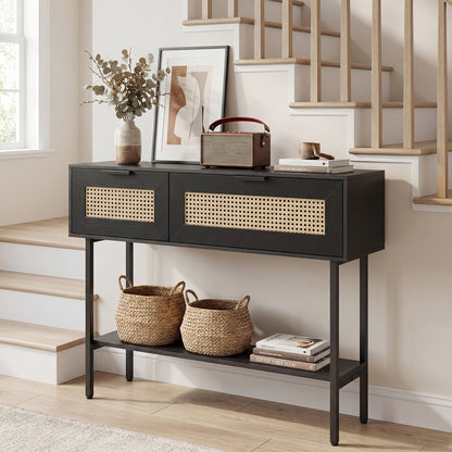 Rattan Console Table, 2 Storage Cabinets, Carbon Steel Frame, Black Console Tables at Gallery Canada