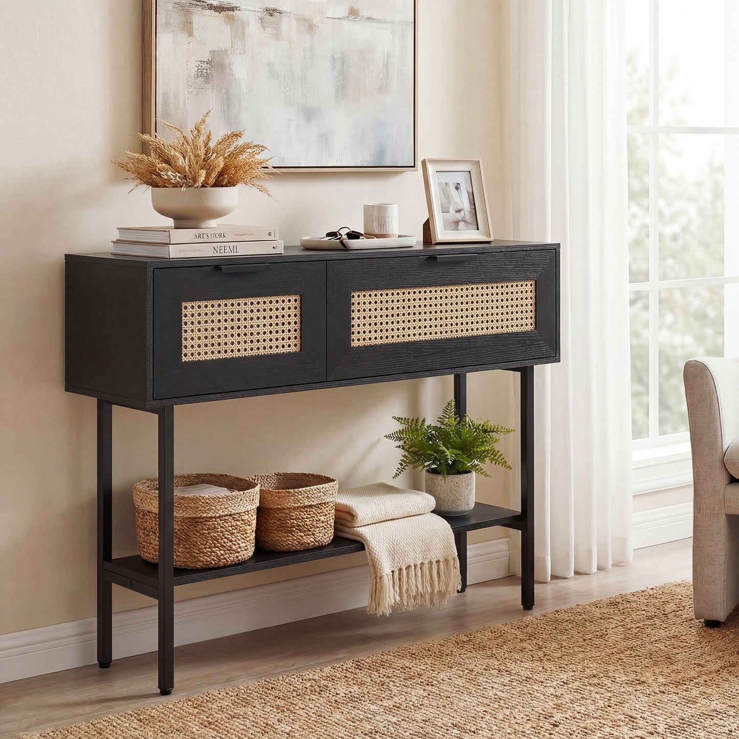 Rattan Console Table, 2 Storage Cabinets, Carbon Steel Frame, Black Console Tables at Gallery Canada