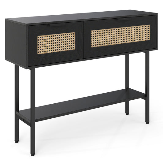 Rattan Console Table, 2 Storage Cabinets, Carbon Steel Frame, Black Console Tables Black at Gallery Canada