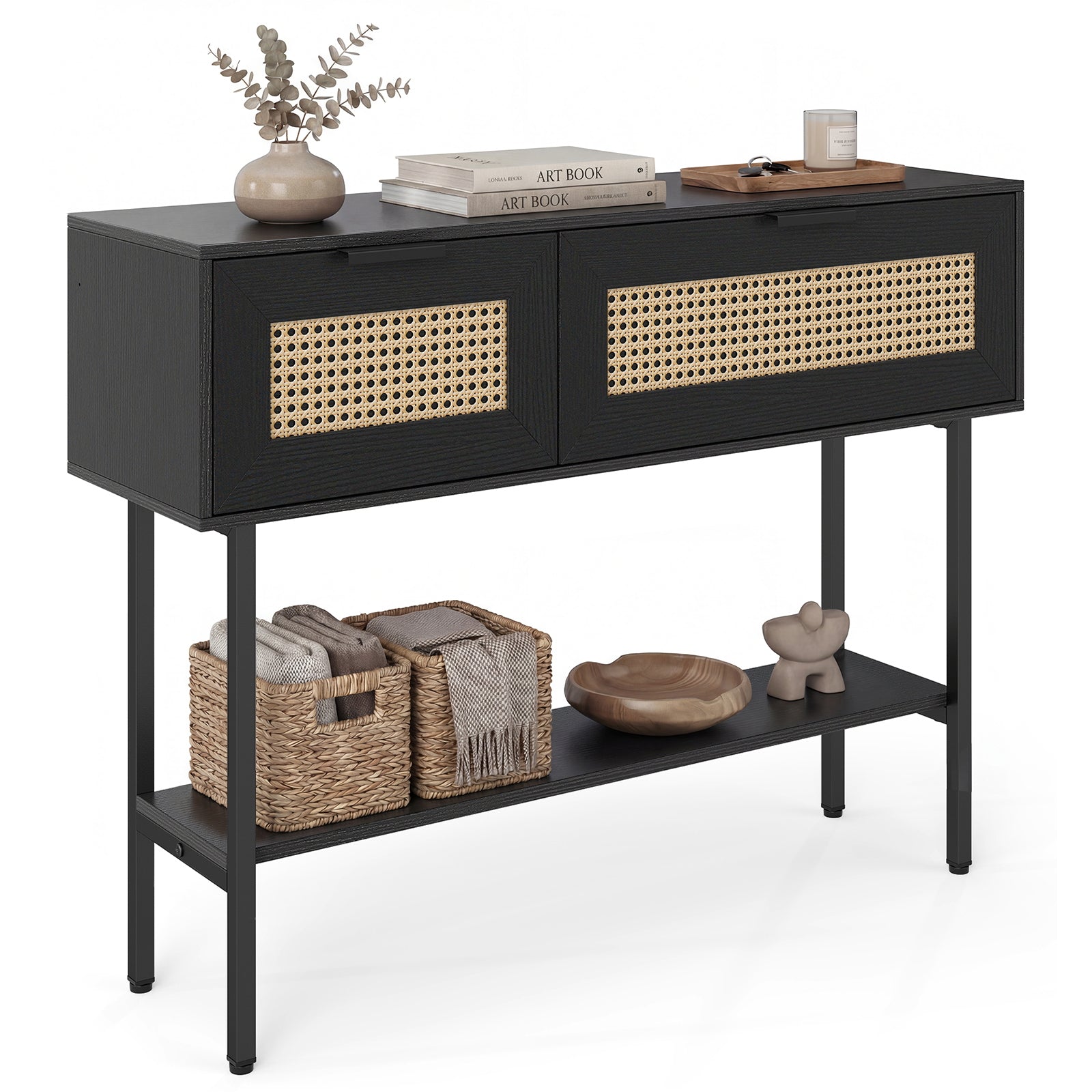Rattan Console Table, 2 Storage Cabinets, Carbon Steel Frame, Black Console Tables at Gallery Canada