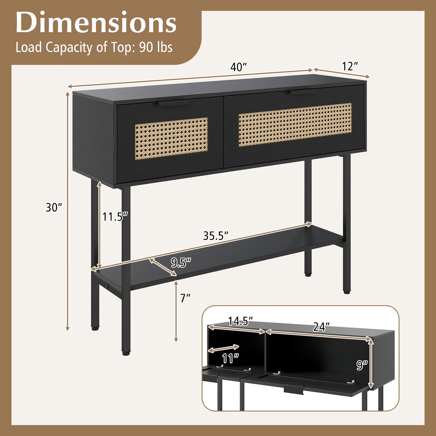 Rattan Console Table, 2 Storage Cabinets, Carbon Steel Frame, Black Console Tables at Gallery Canada