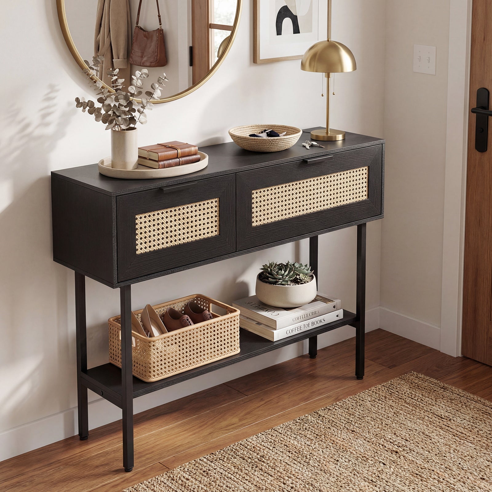 Rattan Console Table, 2 Storage Cabinets, Carbon Steel Frame, Black Console Tables at Gallery Canada