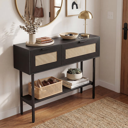 Rattan Console Table, 2 Storage Cabinets, Carbon Steel Frame, Black Console Tables at Gallery Canada