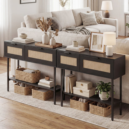 Rattan Console Table, 2 Storage Cabinets, Carbon Steel Frame, Black Console Tables at Gallery Canada