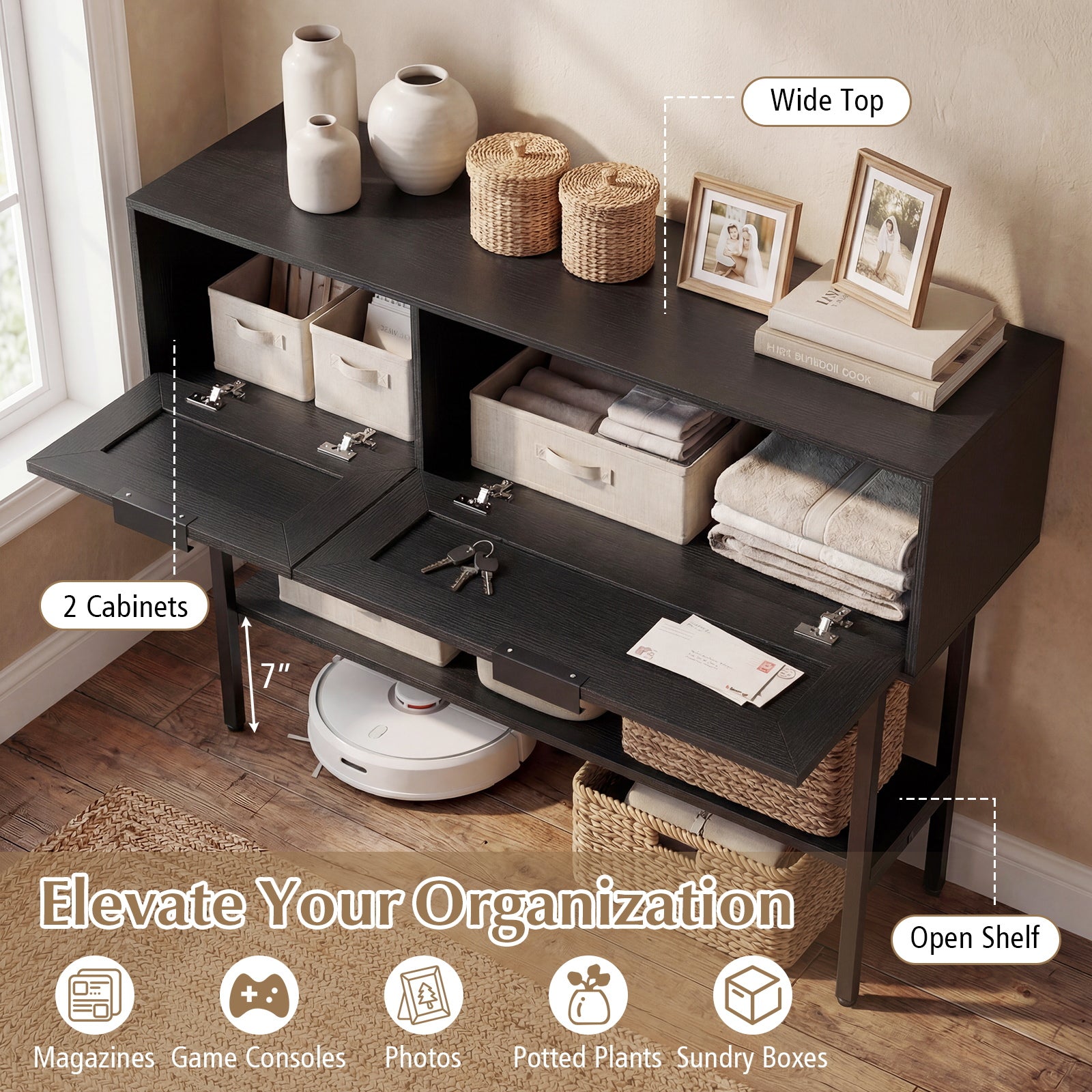 Rattan Console Table, 2 Storage Cabinets, Carbon Steel Frame, Black Console Tables at Gallery Canada
