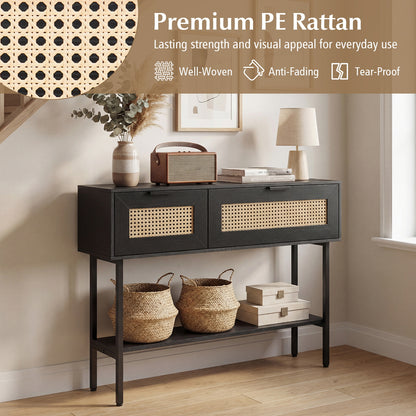 Rattan Console Table, 2 Storage Cabinets, Carbon Steel Frame, Black Console Tables at Gallery Canada