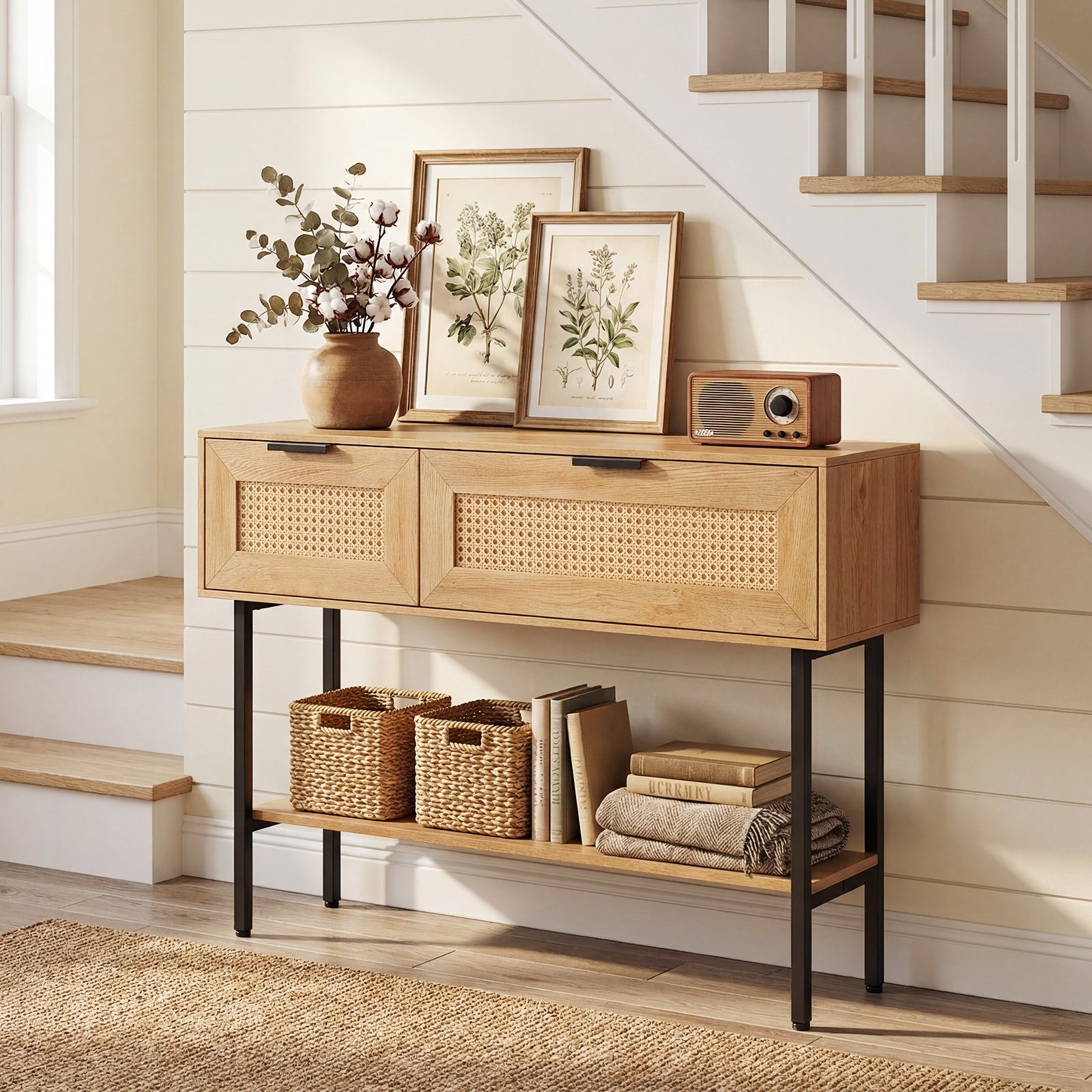 Rattan Console Table, 2 Storage Cabinets, Carbon Steel Frame, Natural Console Tables at Gallery Canada