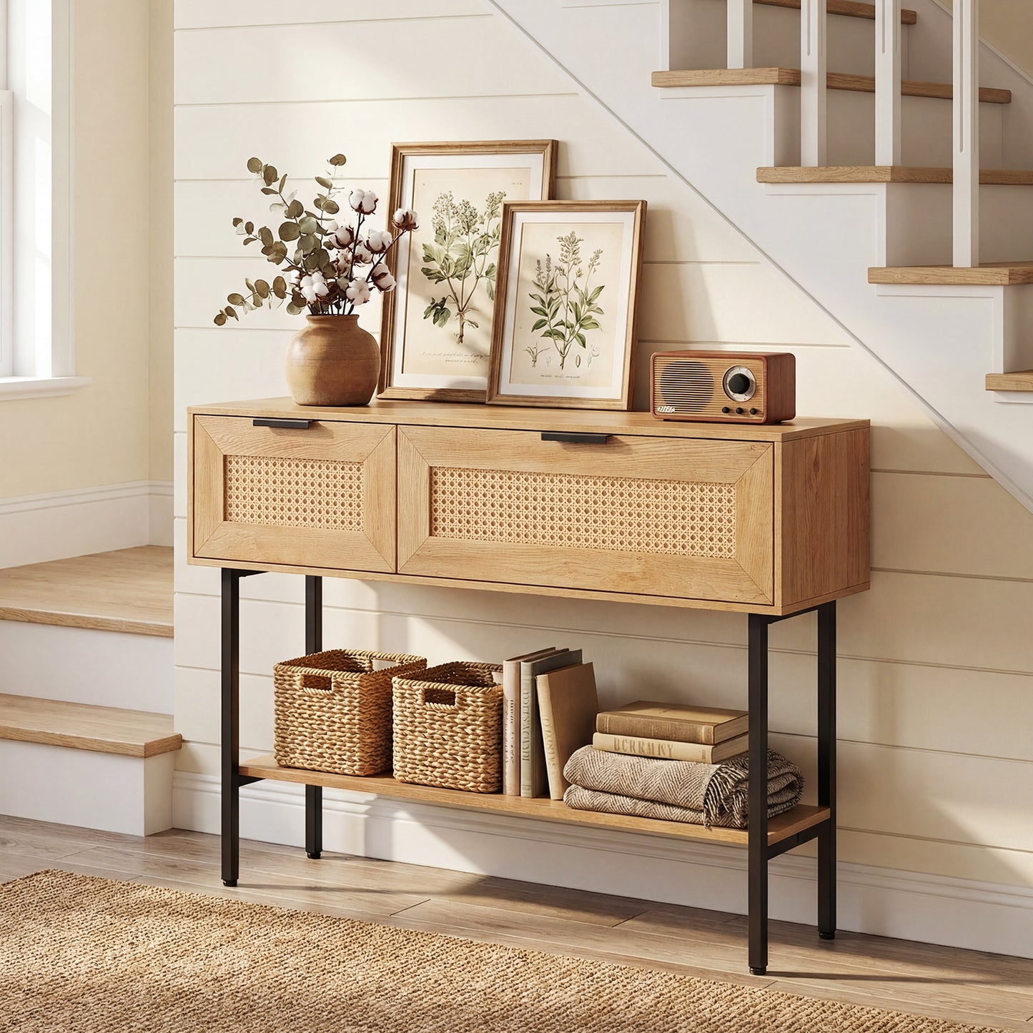 Rattan Console Table, 2 Storage Cabinets, Carbon Steel Frame, Natural Console Tables at Gallery Canada