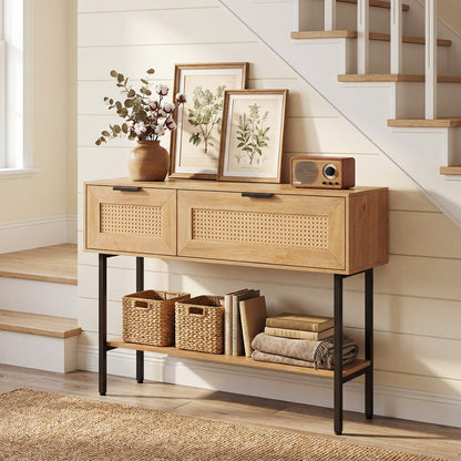 Rattan Console Table, 2 Storage Cabinets, Carbon Steel Frame, Natural Console Tables at Gallery Canada