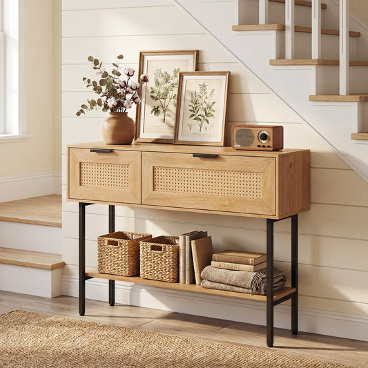 Rattan Console Table, 2 Storage Cabinets, Carbon Steel Frame, Natural Console Tables Natural at Gallery Canada