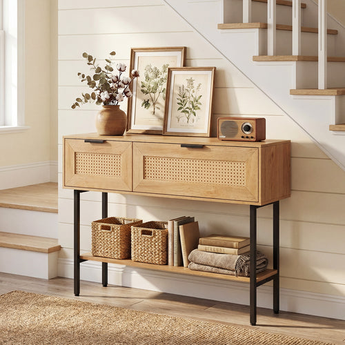 Rattan Console Table, 2 Storage Cabinets, Carbon Steel Frame, Natural