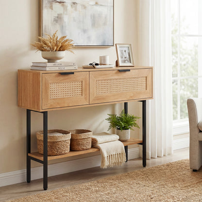 Rattan Console Table, 2 Storage Cabinets, Carbon Steel Frame, Natural Console Tables at Gallery Canada
