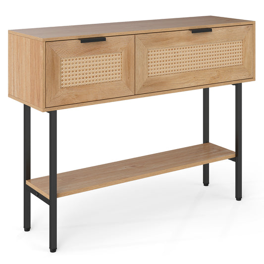 Rattan Console Table, 2 Storage Cabinets, Carbon Steel Frame, Natural Console Tables Natural at Gallery Canada