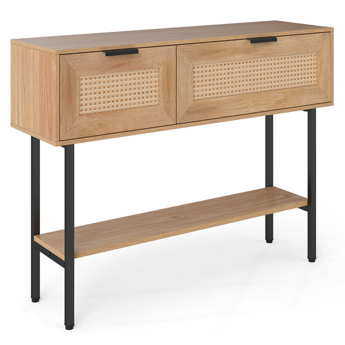 Rattan Console Table, 2 Storage Cabinets, Carbon Steel Frame, Natural